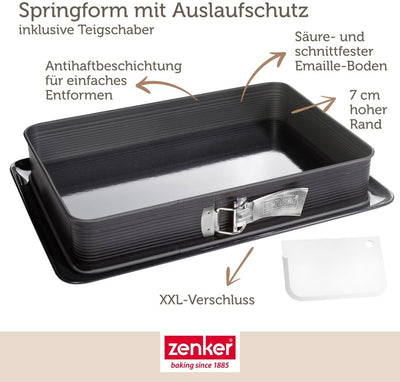 Zenker 7022 Rechteck-Springform DELUXE, eckige Premium-Backform mit emailliertem Boden und Auslaufsc
