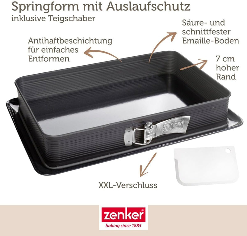 Zenker 7022 Rechteck-Springform DELUXE, eckige Premium-Backform mit emailliertem Boden und Auslaufsc
