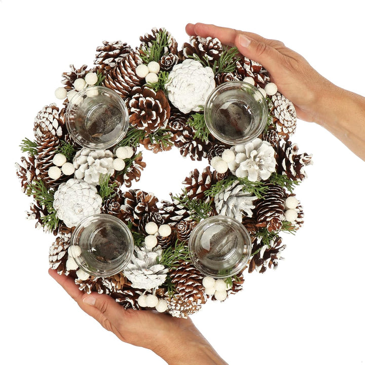 COM-FOUR® Tischkranz für Weihnachten - weisser Adventskranz mit Zapfen - Dekokranz mit 4 Teelichthal