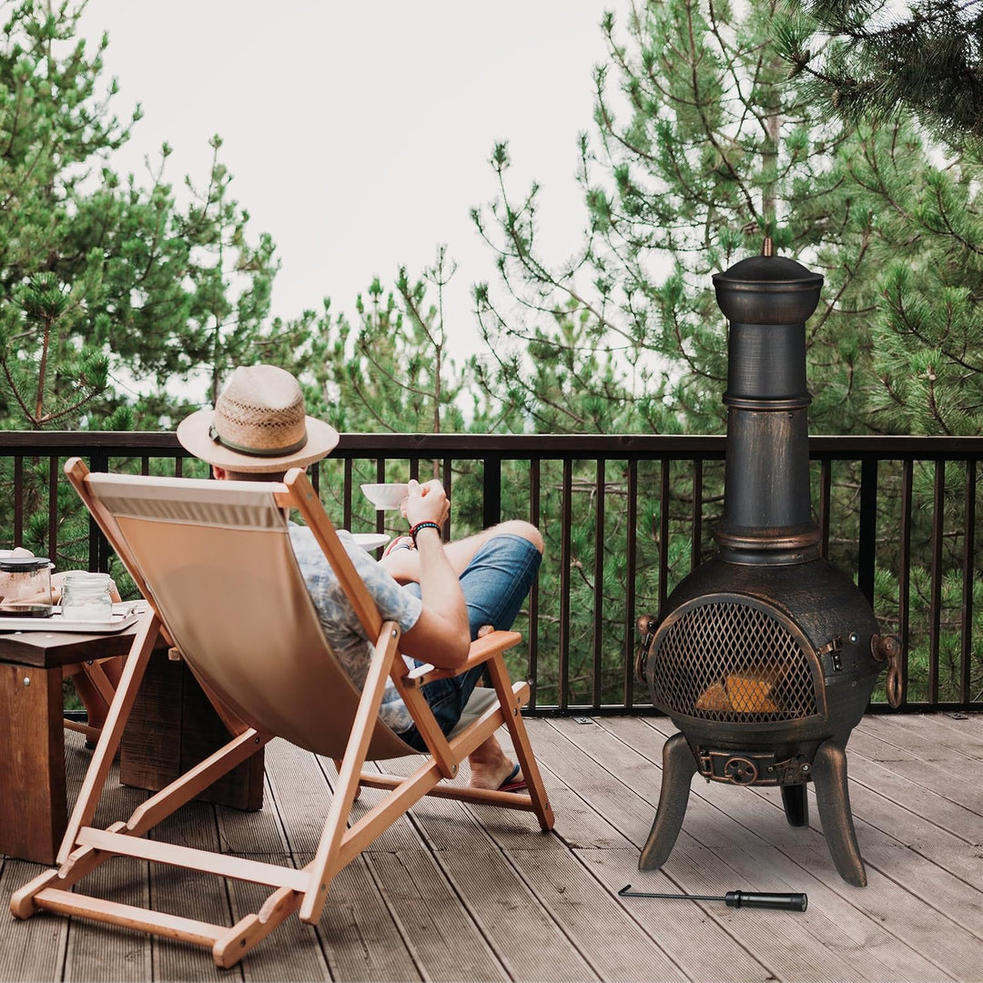 Relaxdays Terrassenofen, mit Funkenschutz, Schürhaken, Feuerrost, Zugluftklappe, Gartenkamin Gusseis