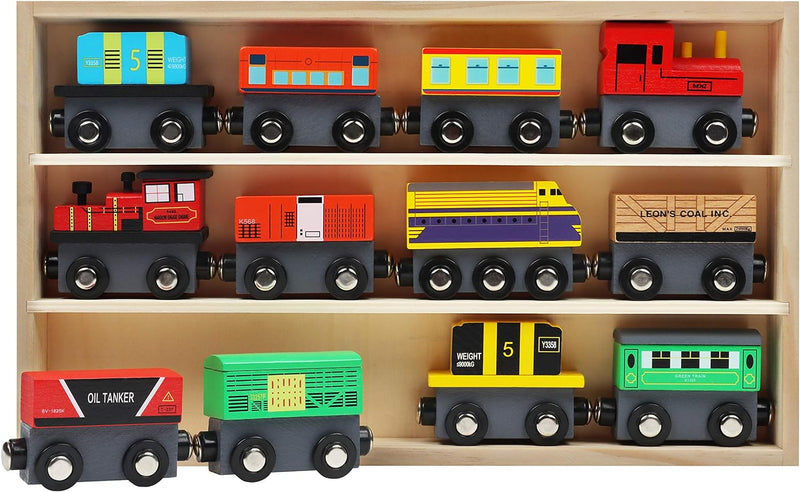 Kurtzy Zug Holzeisenbahn Set Magnetisch mit Aufbewahrungsbox (12-Teilig) – Kinderspielzeug Holzeisen