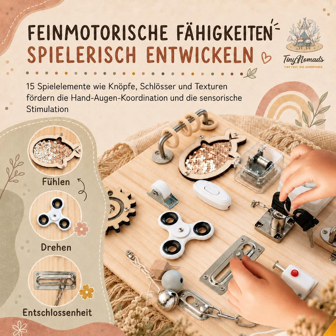 Tiny Nomads Montessori Busy Board motorikbrett ab 1 2 3 4 Jahr - Motorikboard für Baby Sensorik Acti
