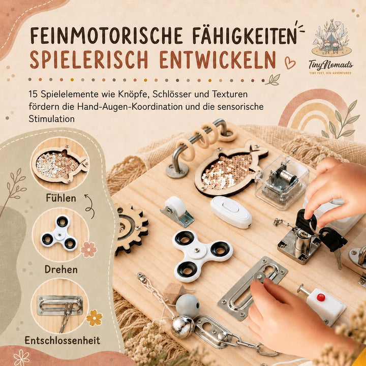 Tiny Nomads Montessori Busy Board motorikbrett ab 1 2 3 4 Jahr - Motorikboard für Baby Sensorik Acti