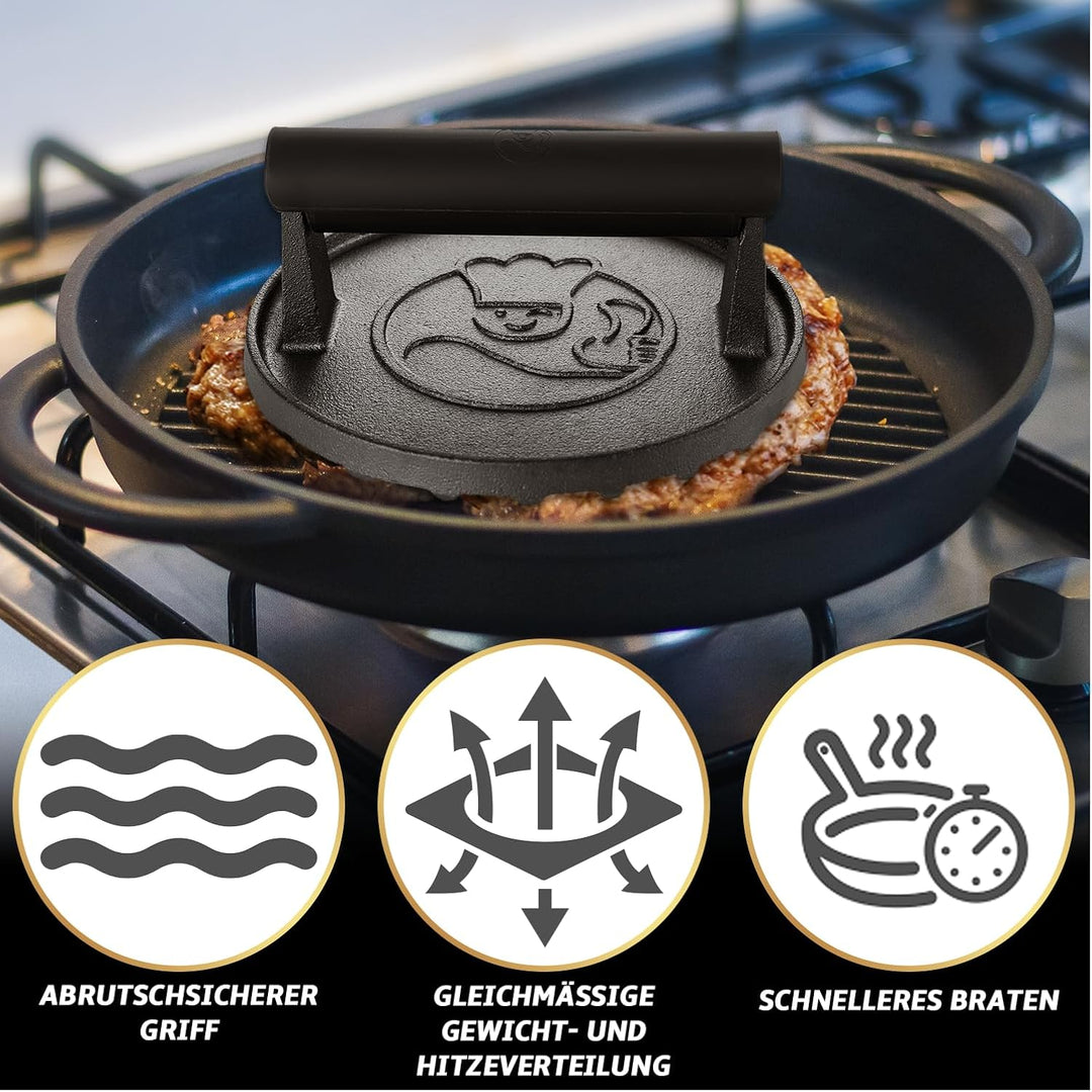 Burgerpresse Gusseisen antihaft | Grosser Burger Smasher (Ø15cm) mit hitzeabweisendem Griff | Fleisc