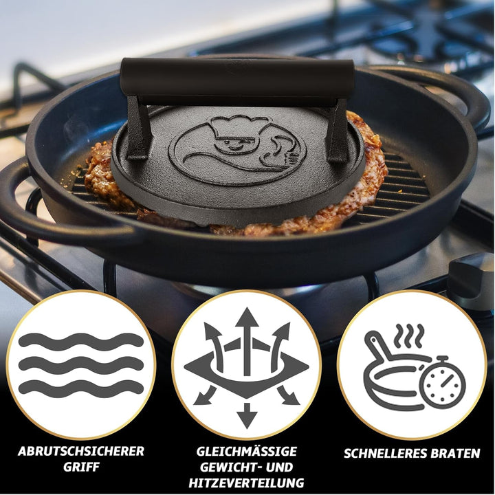 Burgerpresse Gusseisen antihaft | Grosser Burger Smasher (Ø15cm) mit hitzeabweisendem Griff | Fleisc