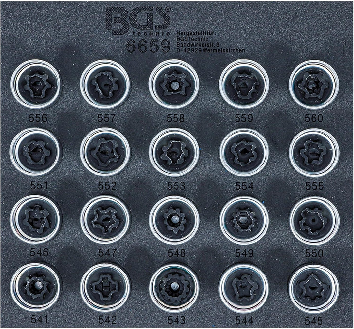 BGS 6659 | Werkstattwageneinlage 1/6: Felgenschloss-Werkzeug-Satz für VAG | 20-tlg. VAG | Var. 2 | 2