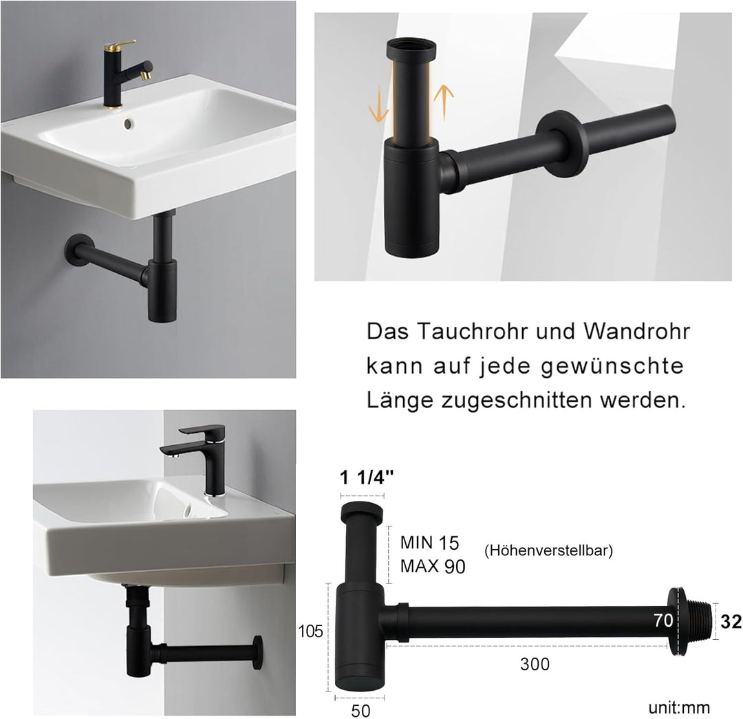 Wasserrhythm Universal Siphon mit Ablaufgarnitur für Waschbecken und Waschschalen mit Überlauf, Pop