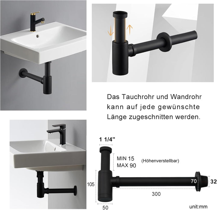 Wasserrhythm Universal Siphon mit Ablaufgarnitur für Waschbecken und Waschschalen mit Überlauf, Pop