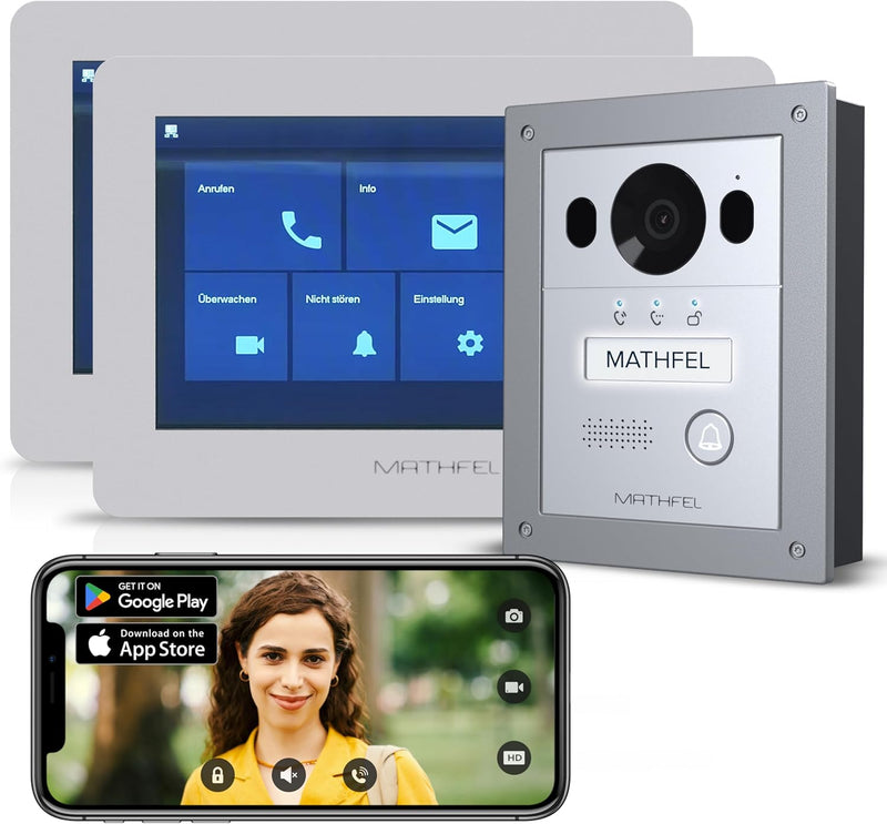 Mathfel 2 Draht Bus Video Türsprechanlage für Einfamilienhaus, 2x7 Zoll WLAN Monitor, Aussenstation