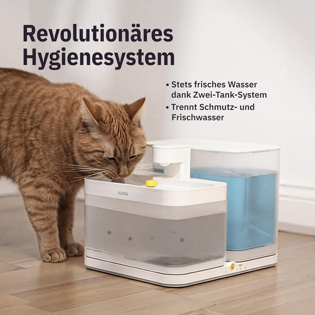 Klyqa Welly Gelber Trinkbrunnen für Katzen&amp;kleine Hunde I Frisch- &amp; Schmutzwasser getrennt Dank Zwei
