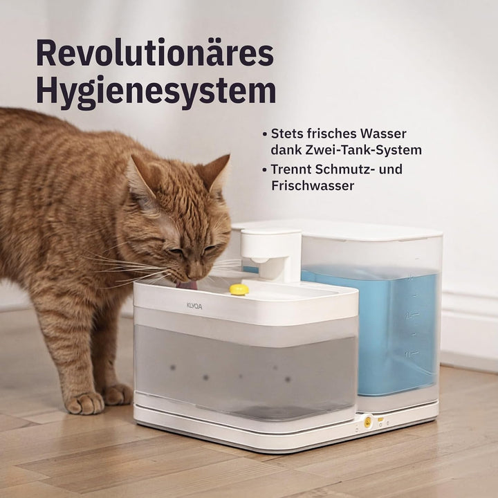 Klyqa Welly Gelber Trinkbrunnen für Katzen&amp;kleine Hunde I Frisch- &amp; Schmutzwasser getrennt Dank Zwei