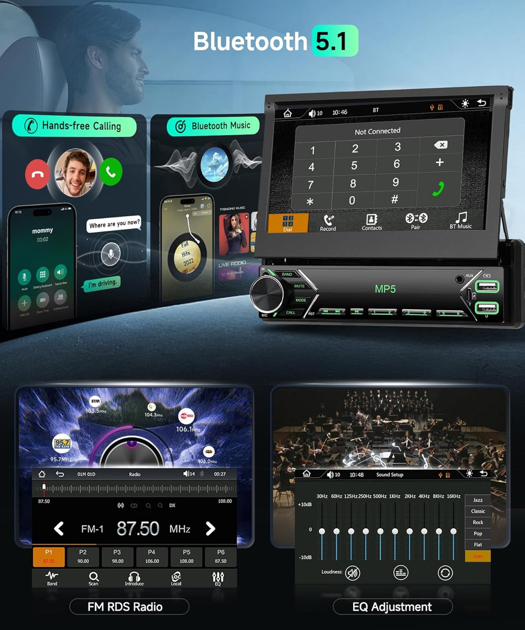Autoradio 1 Din Carplay Android Auto Wireless mit 7 Zoll Manuell einziehbar Bildschirm,FM Radio mit