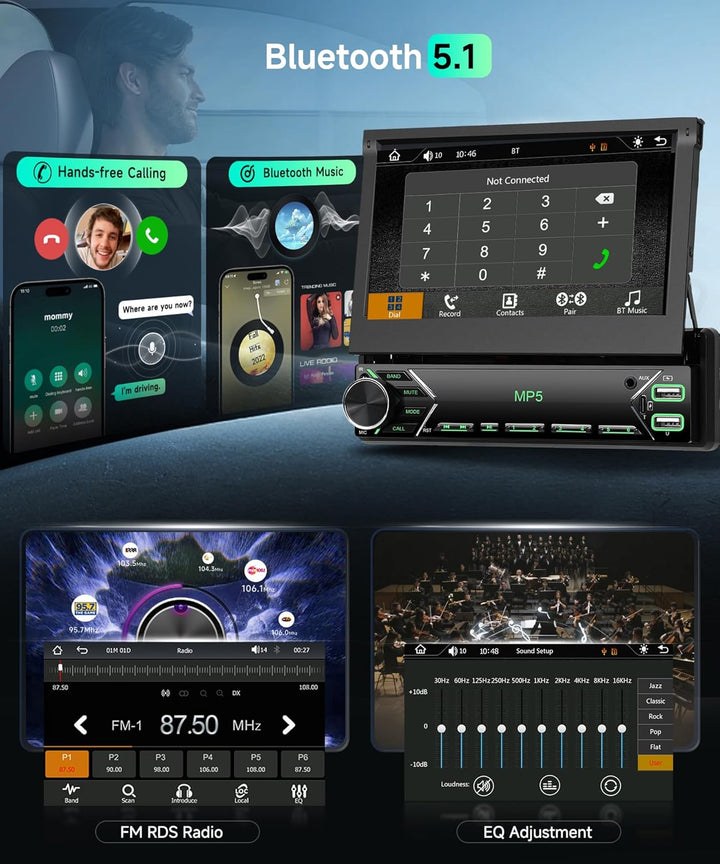 Autoradio 1 Din Carplay Android Auto Wireless mit 7 Zoll Manuell einziehbar Bildschirm,FM Radio mit