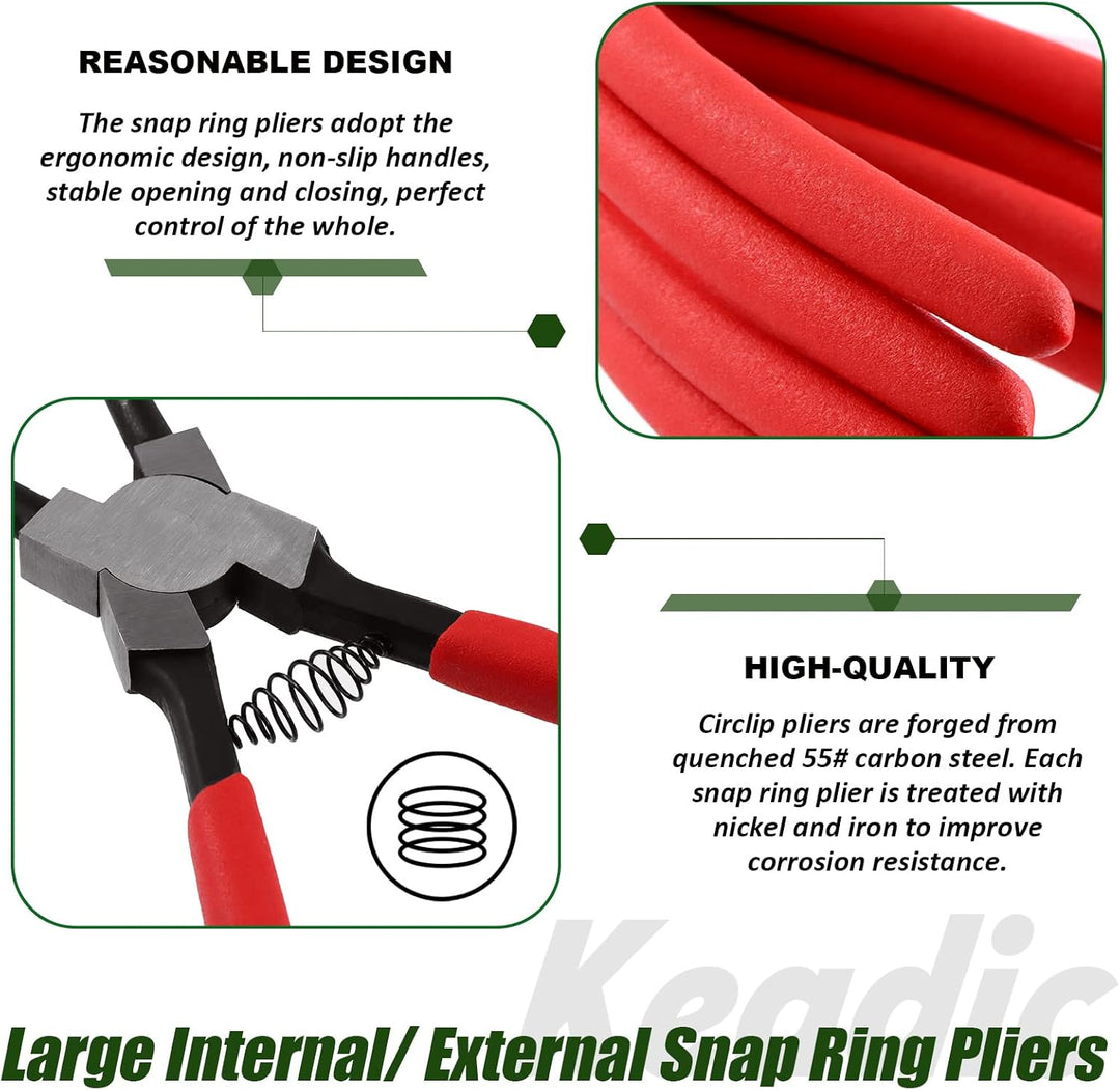 Keadic 8 Pcs 9" Heavy Duty External Snap Ring Pliers and Precision Hooks Set with Storage Bag, Circl