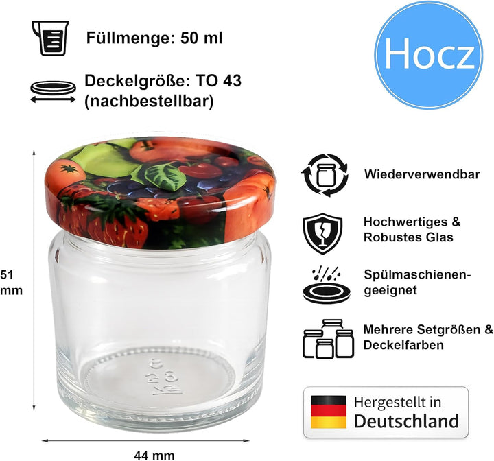 hocz 25x Mini Marmeladengläser 50 ml Set | Deckel Obst TO 43 | kleine Einmachgläser mit Schraubdecke