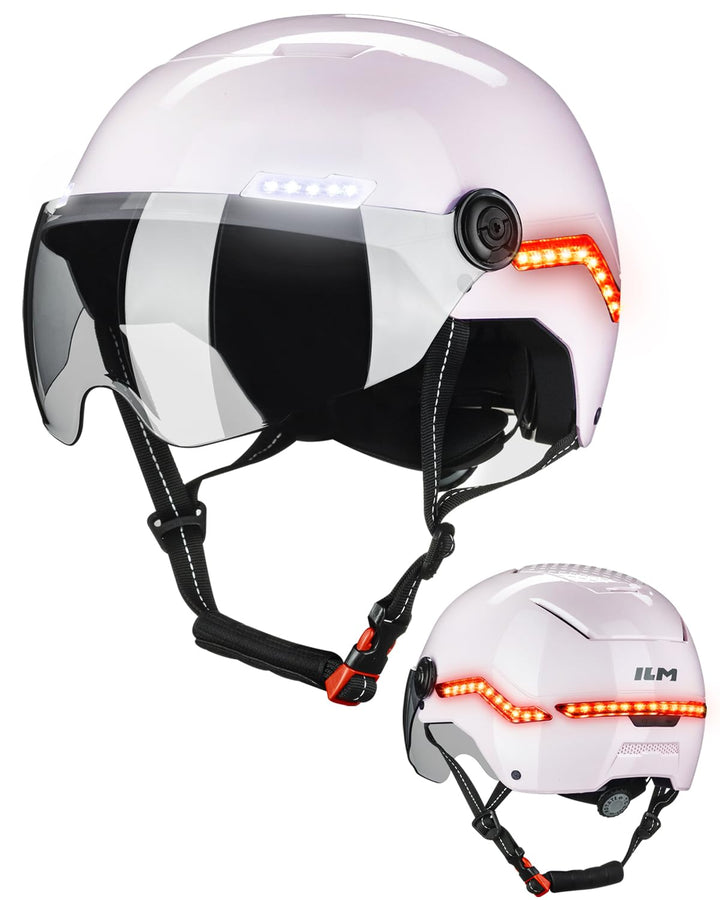 ILM Fahrradhelm Herren Damen mit Visier und LED Licht Beleuchtung Automatischem G-Sensor für Blinker