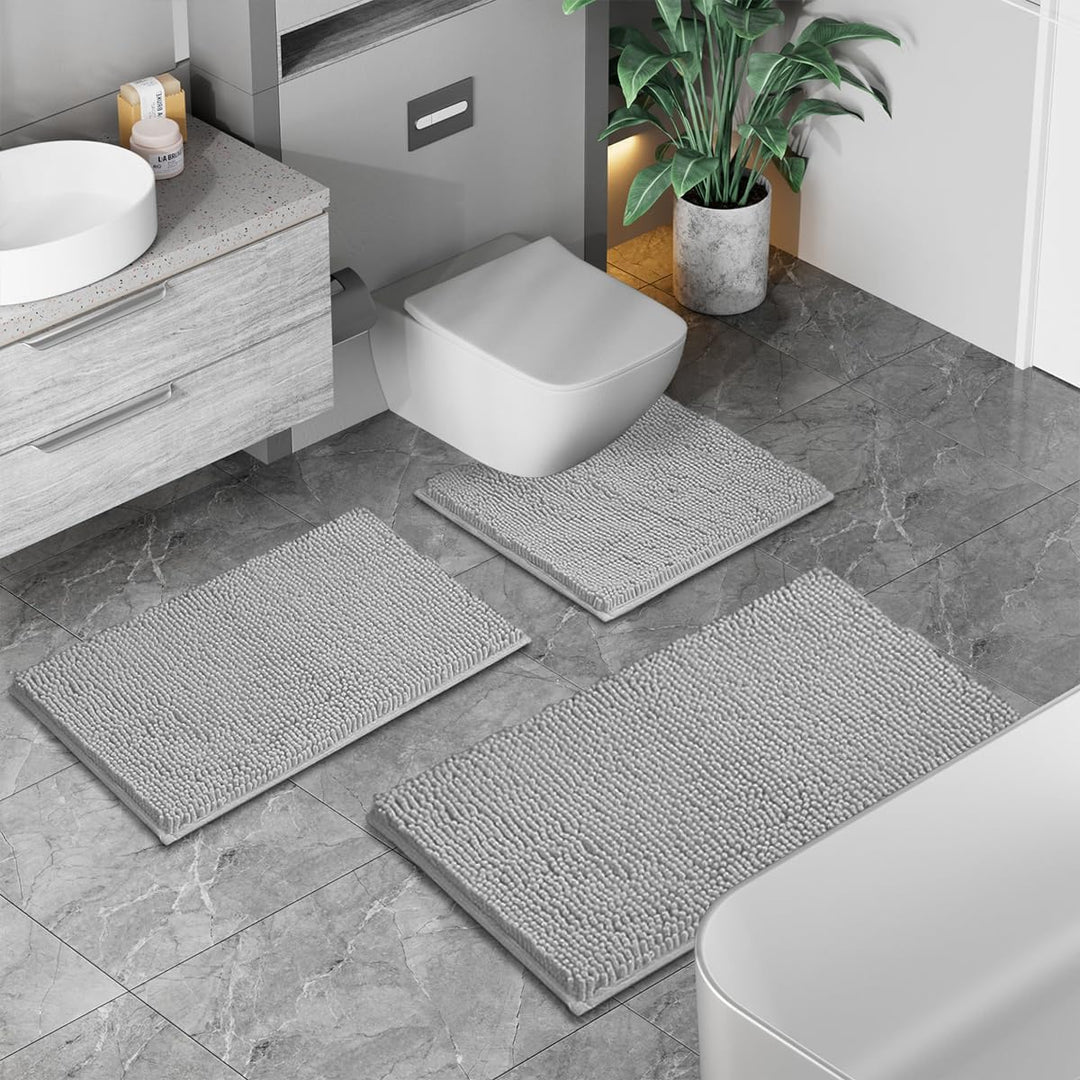 Badematte Set 3 teilig Light Grey, rutschfeste Chenille Badteppiche, Waschbar & Minimalistisch Badvo