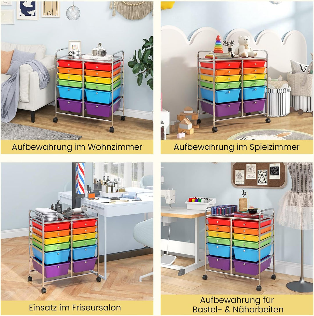 COSTWAY Rollwagen mit 12 stapelbaren Schubladen, Schubladenwagen Rollcontainer mit Metallgestell und
