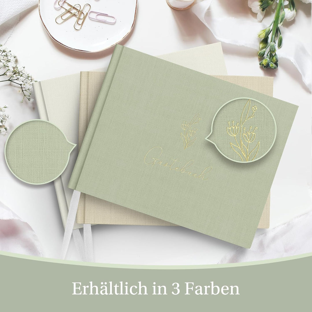 Hyggartn Gästebuch Grün – Leinen Hardcover Gästebuch mit Goldprägung, 100 Seiten Blanko – Edles Erin
