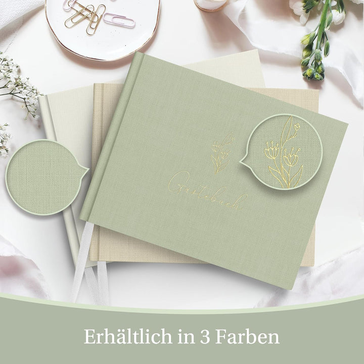 Hyggartn Gästebuch Grün – Leinen Hardcover Gästebuch mit Goldprägung, 100 Seiten Blanko – Edles Erin