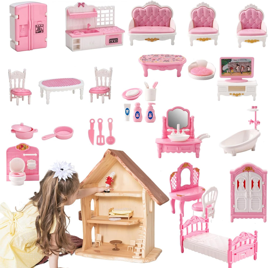4 Sets Dollhouse Möbelset, realistische Plastikpuppenhausminiaturen umfassen Küchen, Schlafzimmer, B
