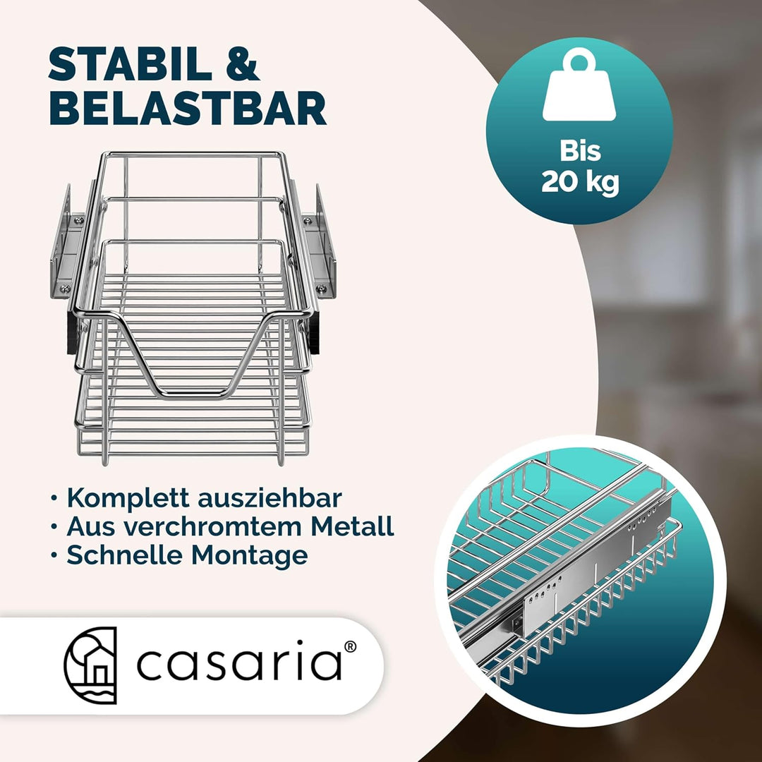 CASARIA Teleskopschublade 30cm Verchromt 25kg Belastbar Korbauszug Vollauszug mit Zubehör Haushalt K