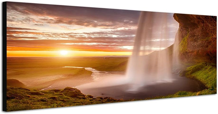 Paul Sinus Art Panoramabild auf Leinwand und Keilrahmen 150x50cm Meer Felsen Wasserfall Sonnenunterg
