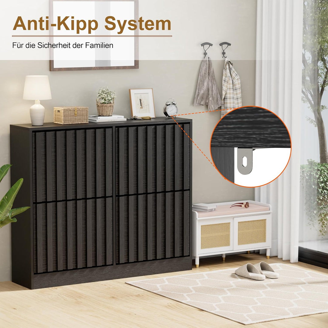 UEV Schuhschrank mit 4 Klappen Holz Schmal Schuhkipper Schuhkommode mit Kippschutz, Schuhaufbewahrun
