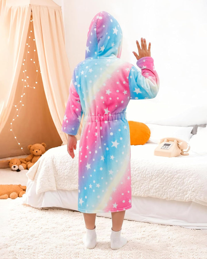 KAKU NANU Kuschelig weicher Bademantel für Mädchen,Flauschiger Regenbogen Plüsch Morgenmantel mit Ka