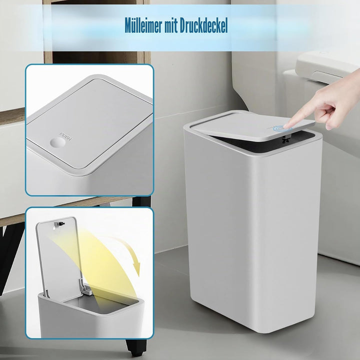 TIPGO Badezimmer-Mülleimer mit Deckel, 10 Liter, schlanker Mülleimer, kleiner Mülleimer, Abfallkorb