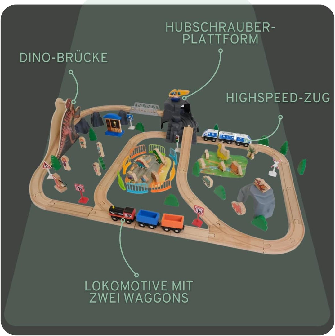 Bandits & Angels Holzeisenbahn-Set Dinosaurier 90 Teile ab 3 Jahren für Jungen und Mädchen – Holzeis