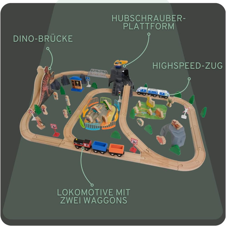 Bandits & Angels Holzeisenbahn-Set Dinosaurier 90 Teile ab 3 Jahren für Jungen und Mädchen – Holzeis