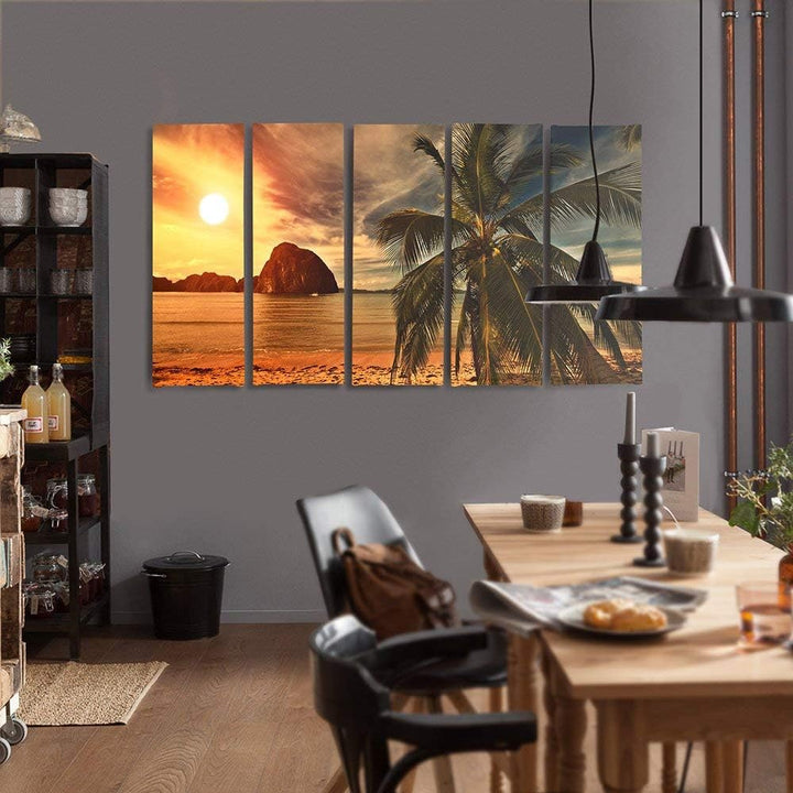 Feeby Frames, Leinwandbild Bilder Wand Bild - 5 Teile - Wandbilder Kunstdruck (PALME, SONNENUNTERGAN