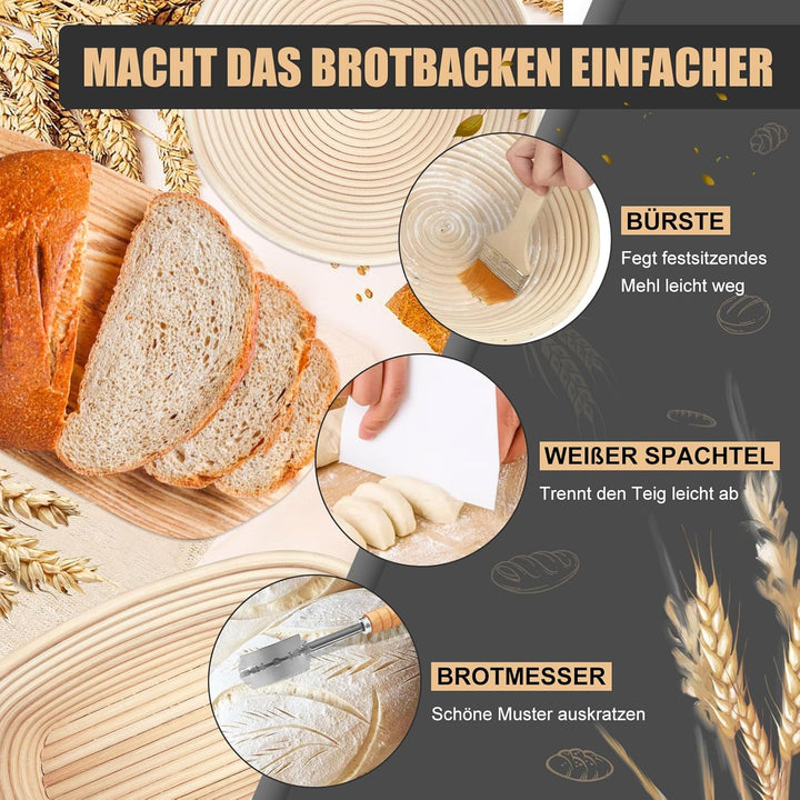 Gärkörb Set, Walfos® Gärkörbchen Set 2 (23cm Rundes & 25cm Oval), 100% Natürlichem Rattan - mit Bäck
