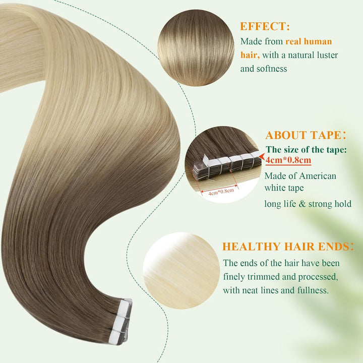 Easyouth Tape in Extension Echthaar Balayage Extensions Tape in Echthaar Farbe Aschbraun Mix Platinb