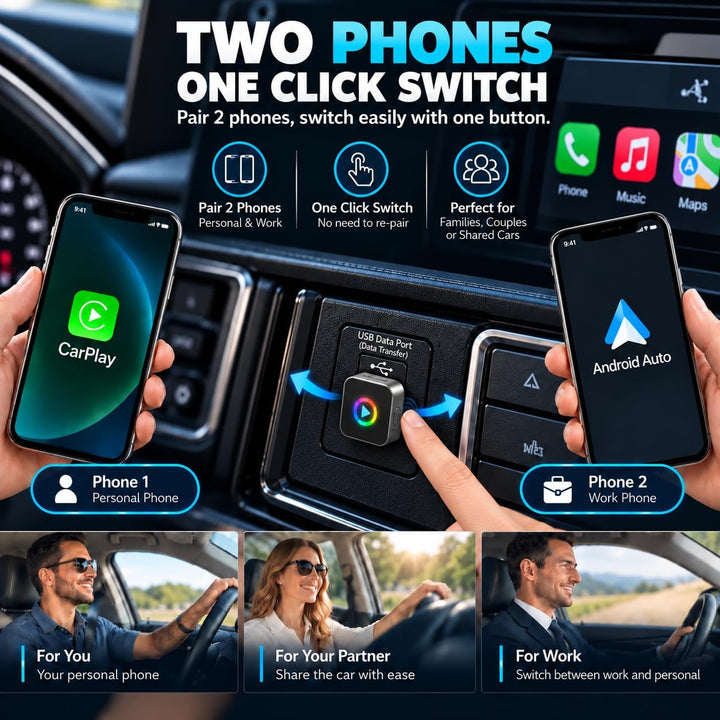 Wireless CarPlay Adapter &amp; Android Auto Adapter 2 in 1, Mini Dongle für 2 Smartphones, Plug &amp; Play U