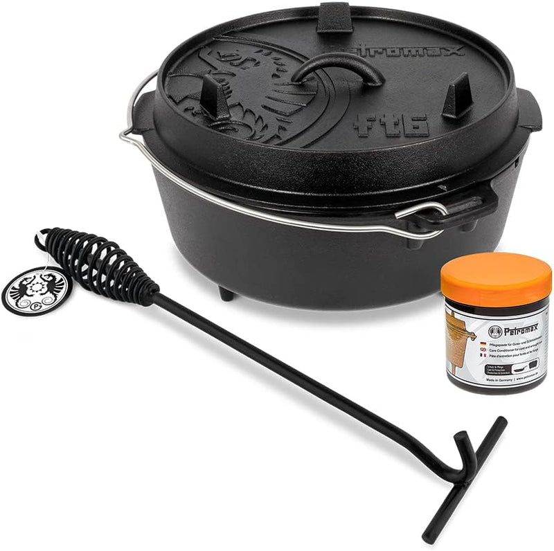 Petromax Feuertopf (Dutch Oven) Set´s (FT6, mit Standfüssen) | Original Gusseisen | mit Deckelheber