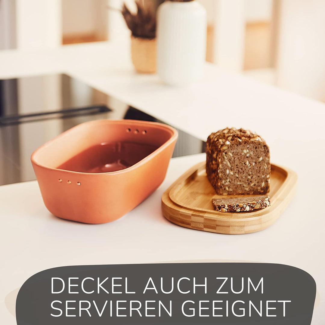 Steinzeit Design Brotkasten - Brotbox aus atmungsaktivem Ton – Brotkasten Keramik mit edlem Bambusde