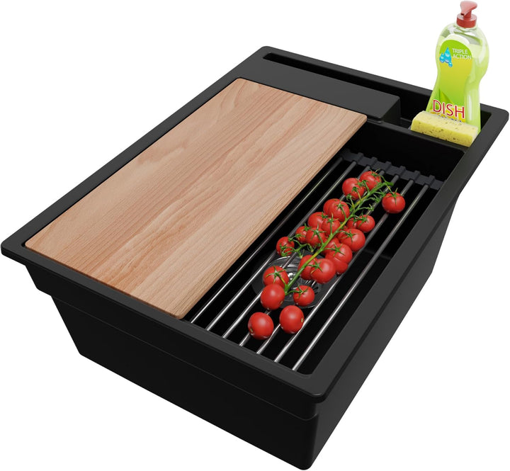 Spülbecken Schwarz 38x53cm, Granitspüle 1 Becken + Ablauf-Set + Küchenzubehörset, Küchenspüle ab 40e