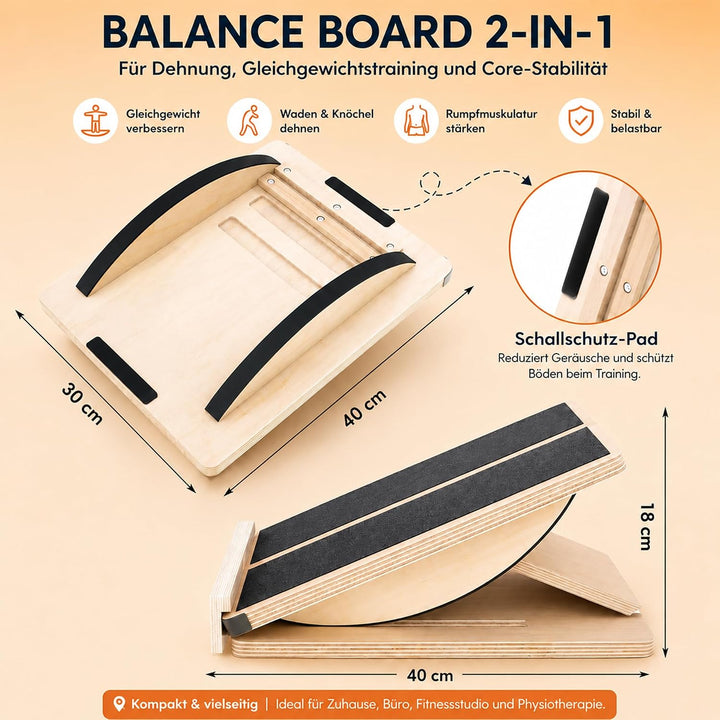 Professionelles 2-in-1 Holz Schrägbrett & Balance Board Verstellbares Neigungsbrett und Wadendehner,