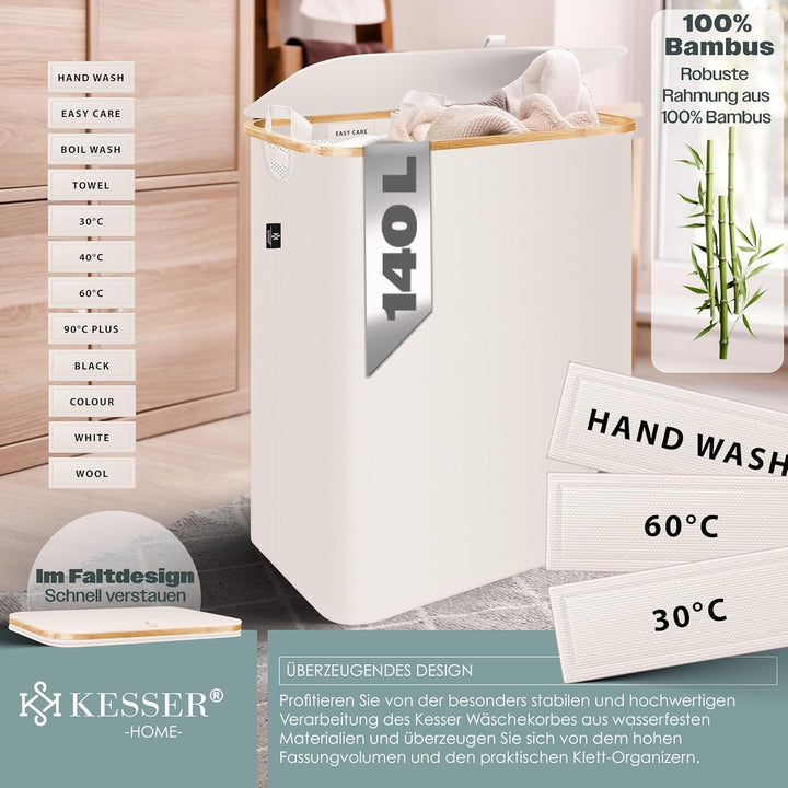 KESSER® Wäschekorb mit Deckel 2 Fächer faltbar 140 Liter Wäschebox Wäschetruhe Wäschekorb Wäschetonn