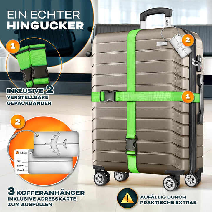 tillvex® Reisekoffer Set 3-TLG. + Gepäckwaage, 6X Koffergurte &amp; 3X Kofferanhänger | Kofferset 4 Roll