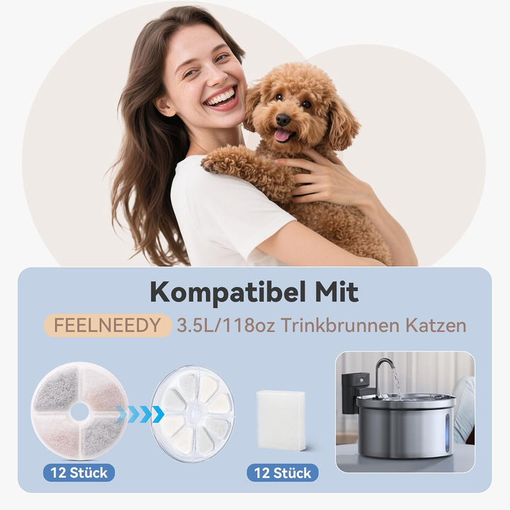 12 Stück Filter für FEELNEEDY 3,5L FN-W08L / W08 Katzenbrunnen, Trinkbrunnen Katzen Filter mit Aktiv