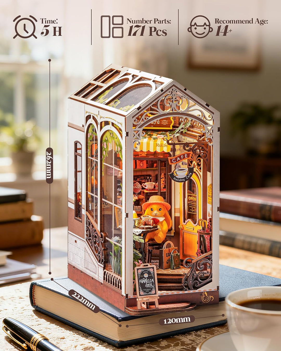 Rolife Book Nook Kit für Erwachsene Miniatur Haus Selber Bauen mit Licht Holiday Café Booknook Bausa