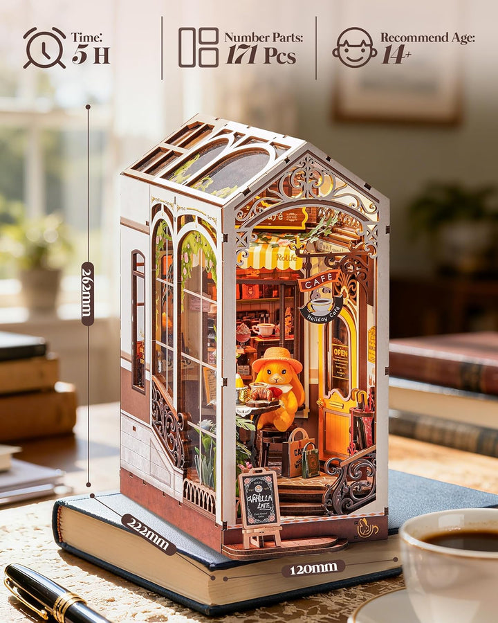 Rolife Book Nook Kit für Erwachsene Miniatur Haus Selber Bauen mit Licht Holiday Café Booknook Bausa