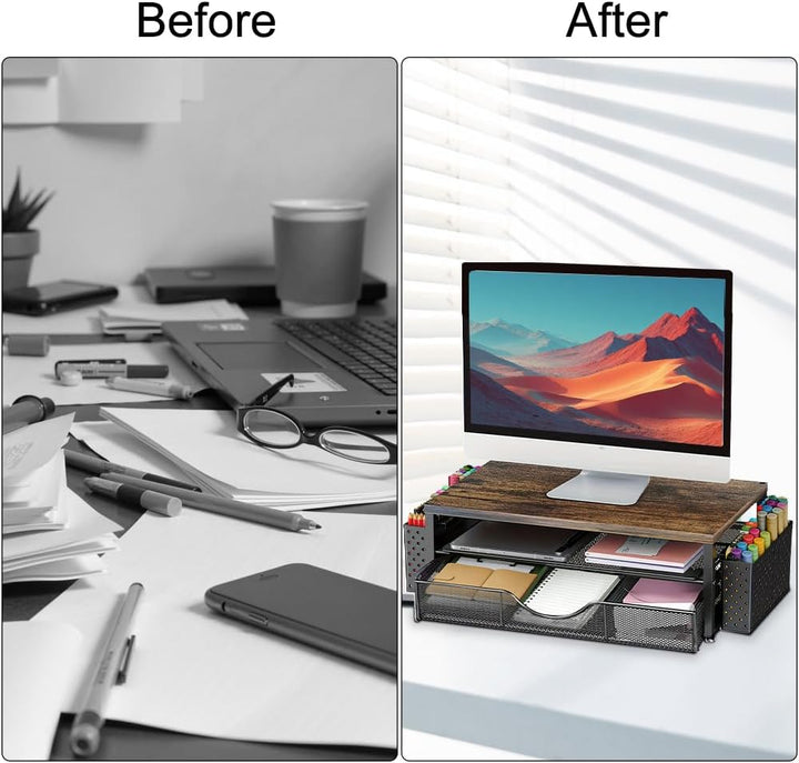 FARYODI Schreibtisch-Monitorhalterung mit 2 Stück Stifthaltern Schublade, Schreibtisch-Organizer, Mo
