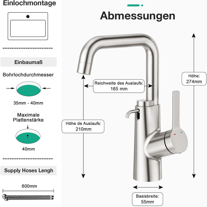 Faustina Waschtischarmatur Bad für Waschbecken mit Seifenspender, Einhebelmischer Waschtisch Armatur