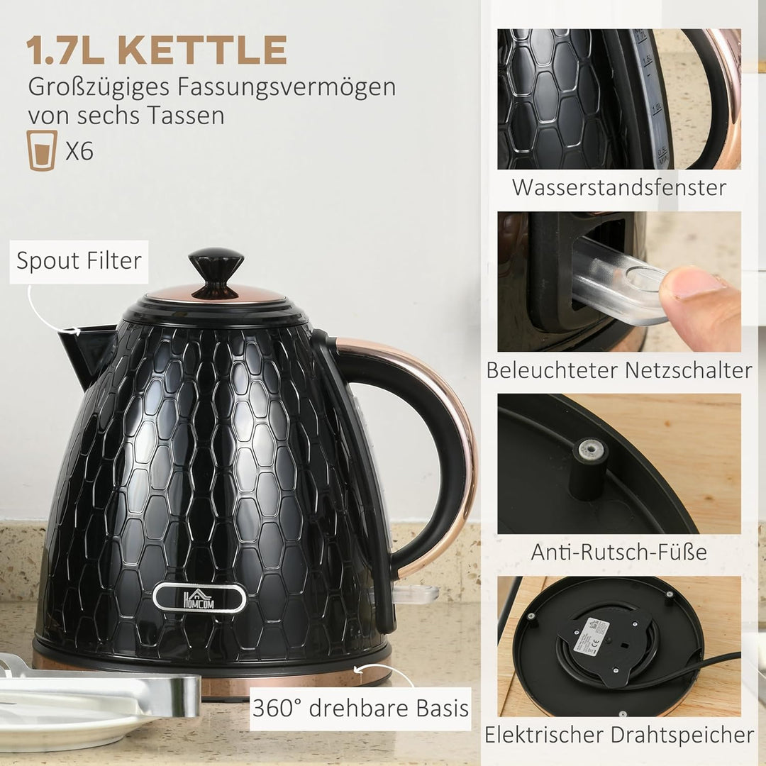 HOMCOM Wasserkocher Toaster Set 1,7L Wasserkocher 4 Toastscheiben Frühstücksset mit 7 Bräunungsstufe