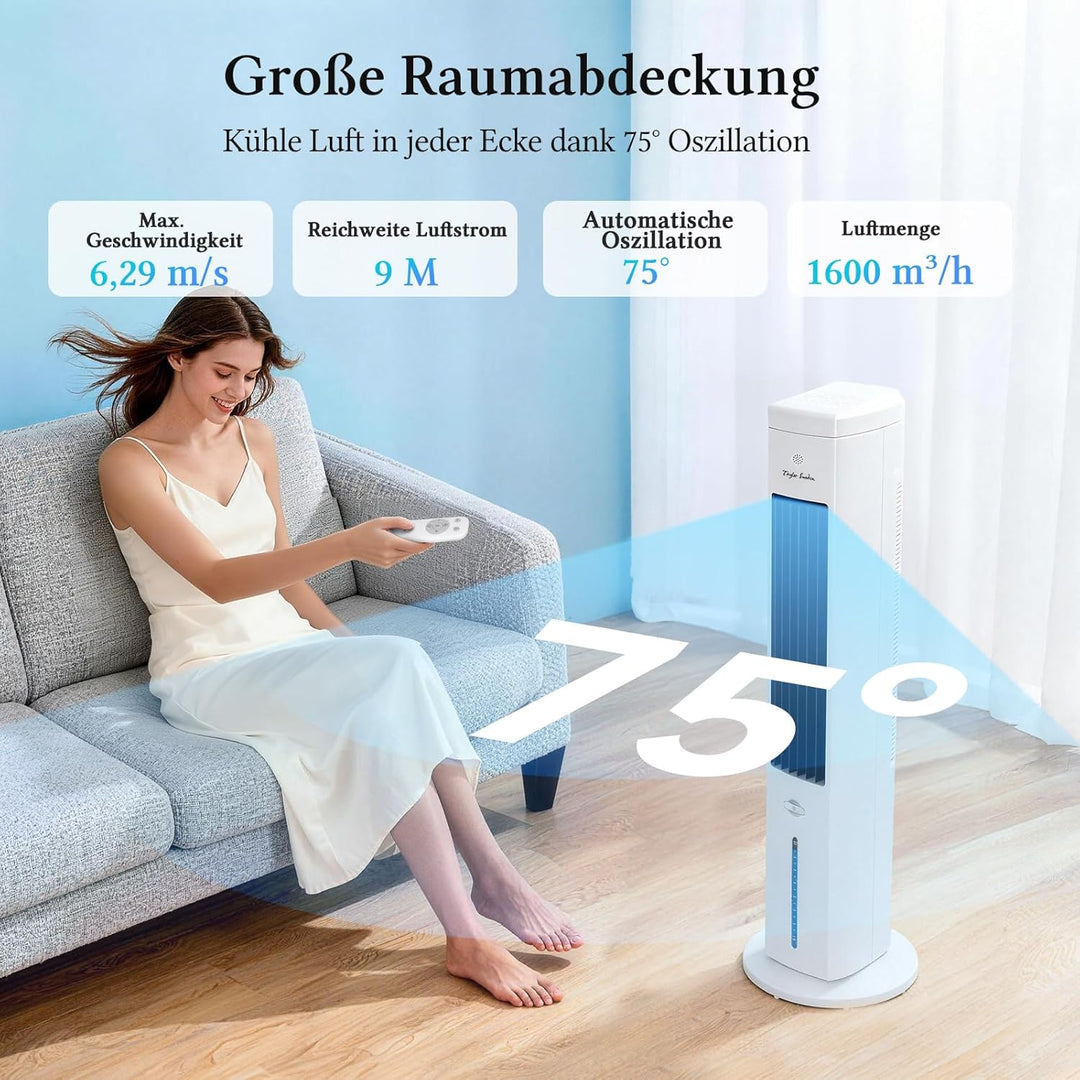 Taylor Swoden Turmventilator mit Wasserkühlung leise, 5-in-1 Luftkühler mit ION-Technologie & Aromad