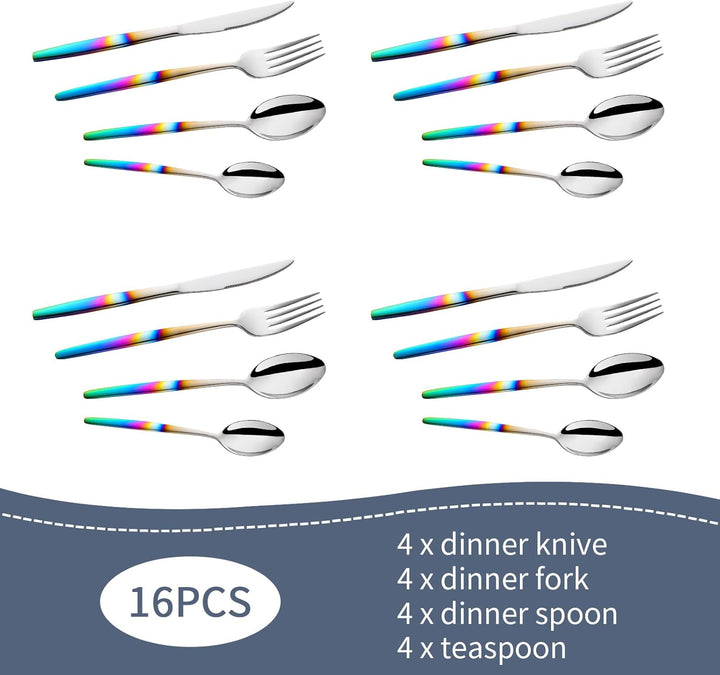 YDware Besteck Regenbogen Gradient, 16 Stück Besteck Set für Haus Küche Restaurant Gabeln Löffel Tee